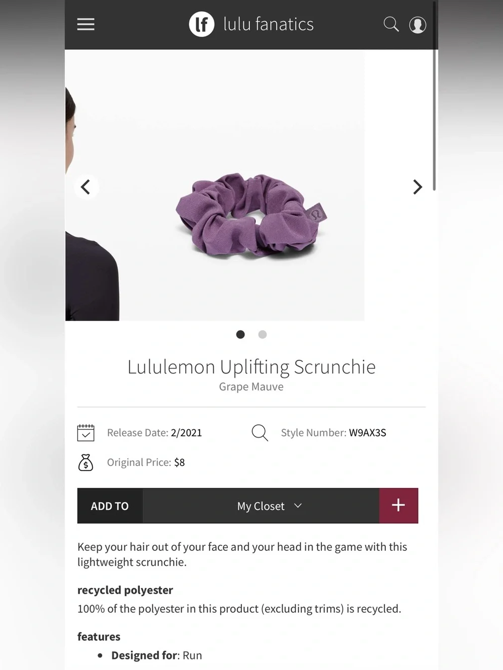 Lululemon Uplifting Scrunchie in Grape Mauve
